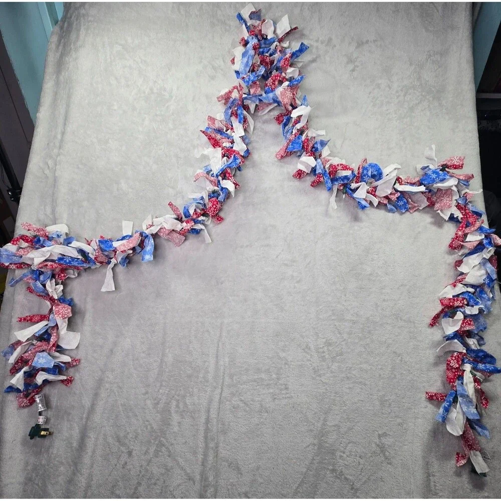 Americana Fabric Garland Rustic Rag Lighted Garland 12 ft Farmhouse 4th of July